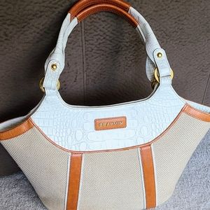 Brahmin Vintage Burlap and Melbourne Embossed Finished Leather Bag